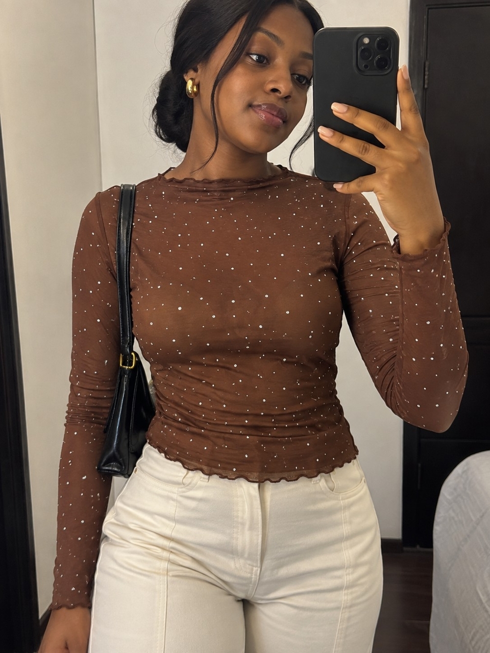 Brown Long-Sleeve Mesh Top with Micro Dot Detail